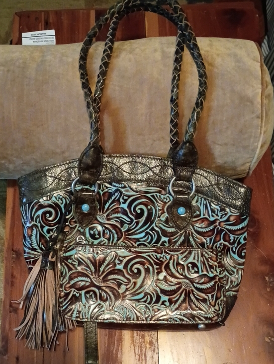 Handbags - EUC Patricia Nash Turquoise & Brown Tooled Bag with Tassel & Matching wallet
